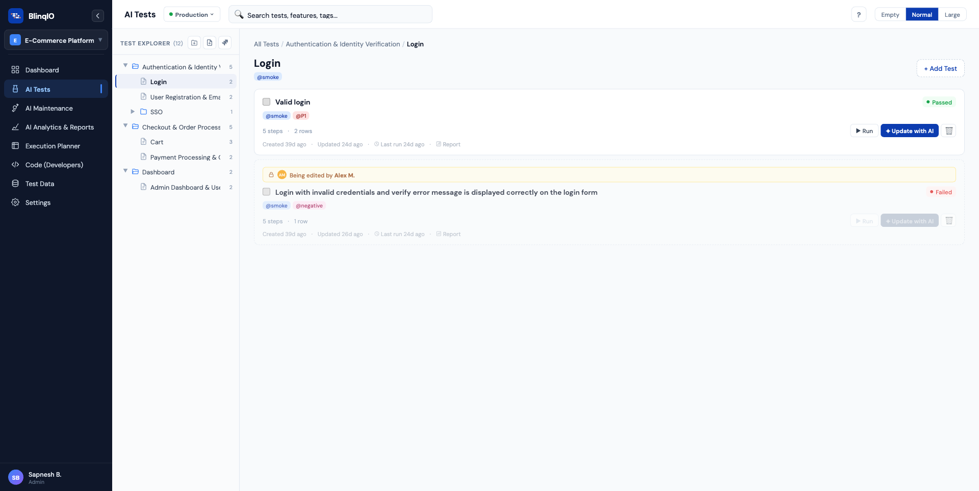 AI Tests page showing folder tree and test cards