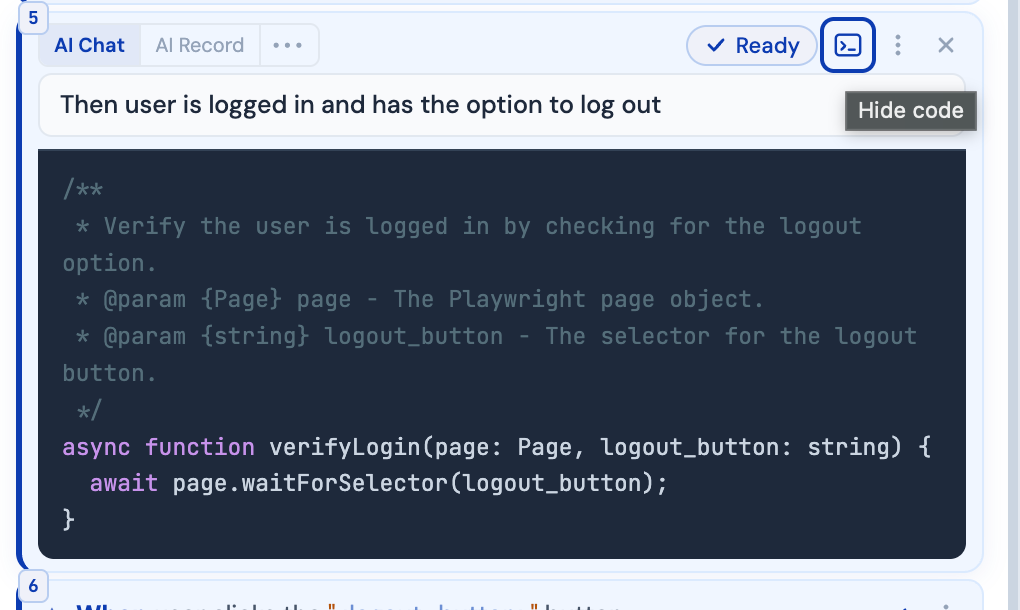 Code viewer showing generated Playwright TypeScript code