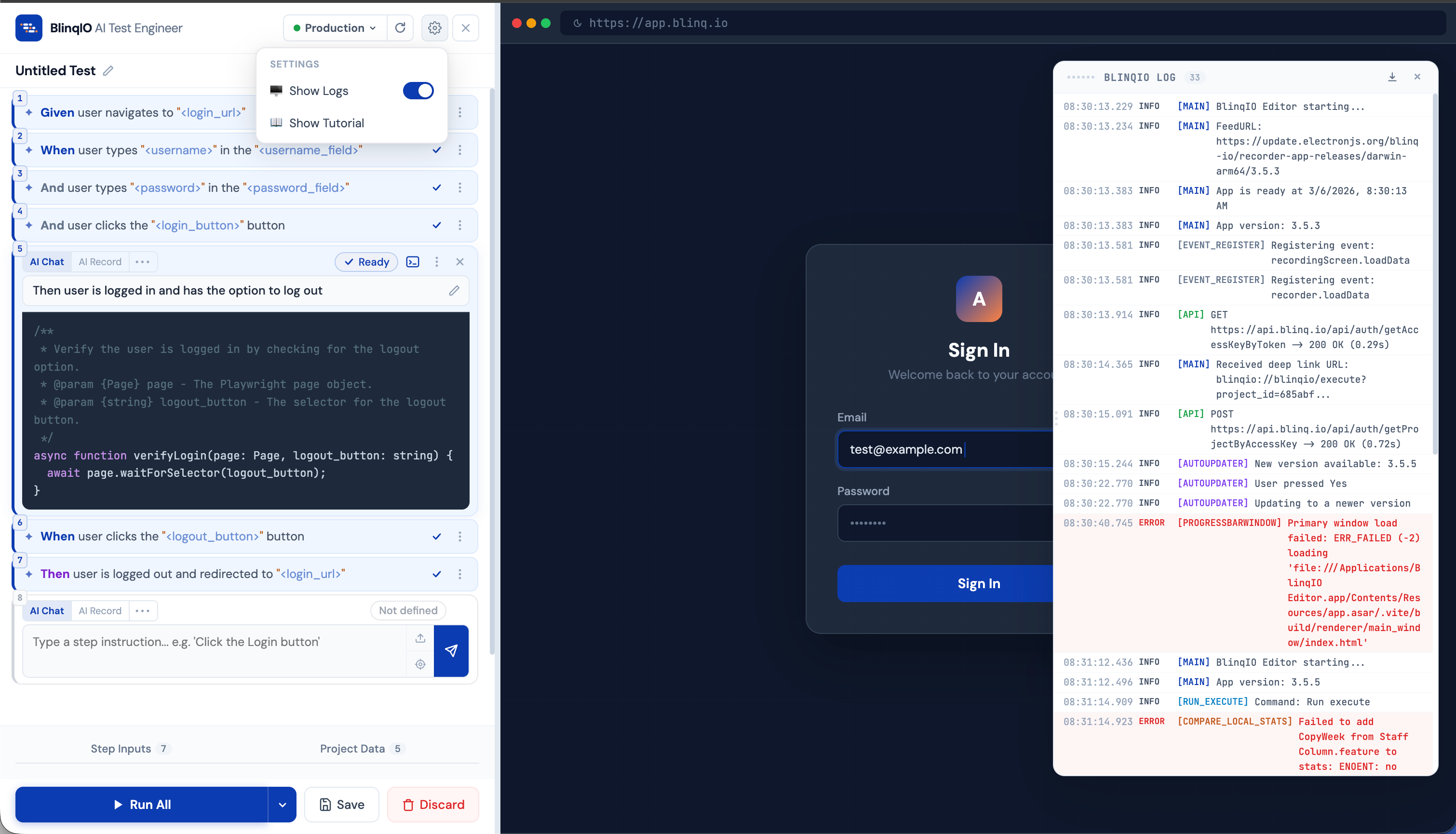 Log panel floating window with execution output