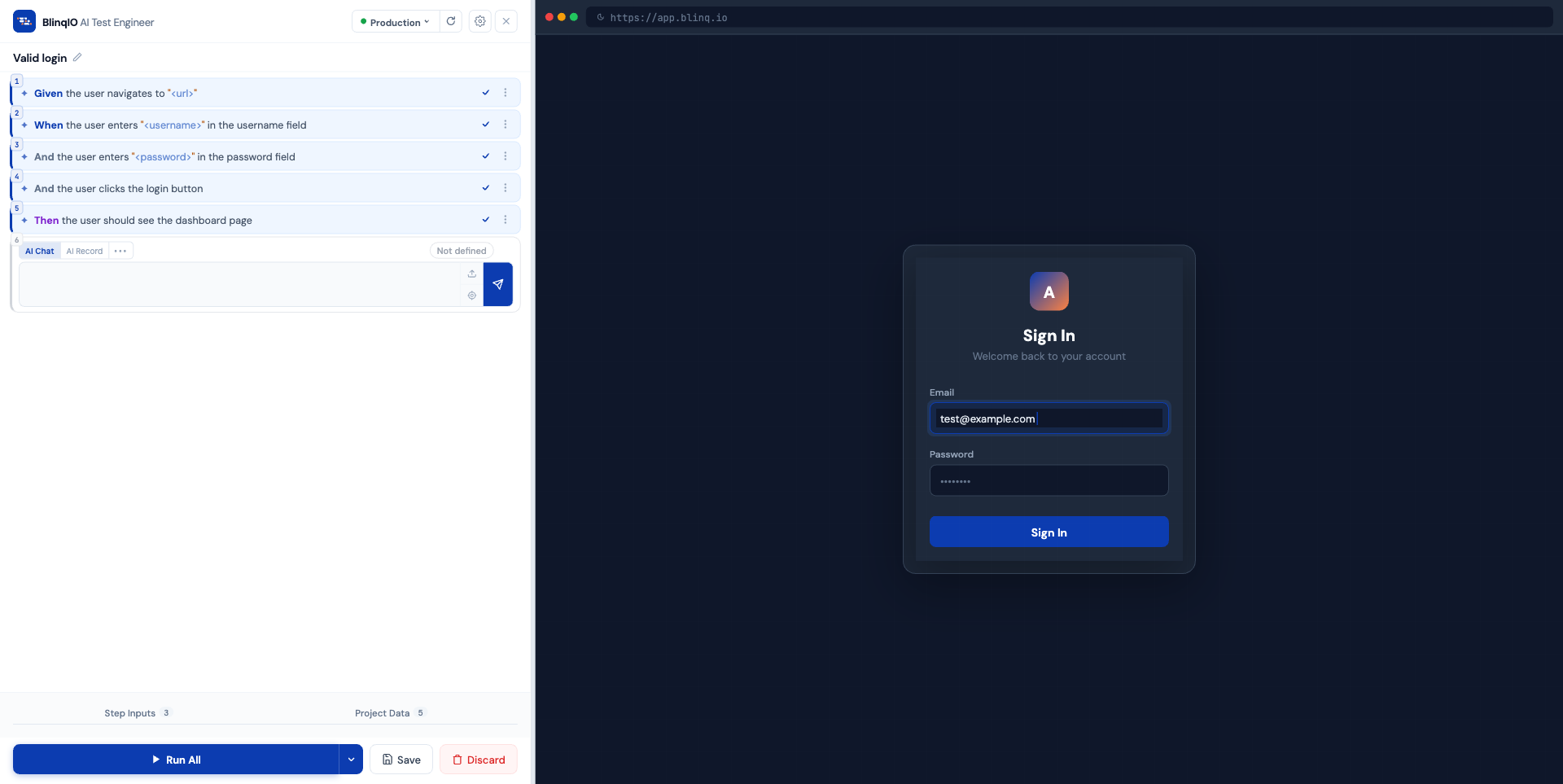 AI Test Engineer editor with steps and browser preview