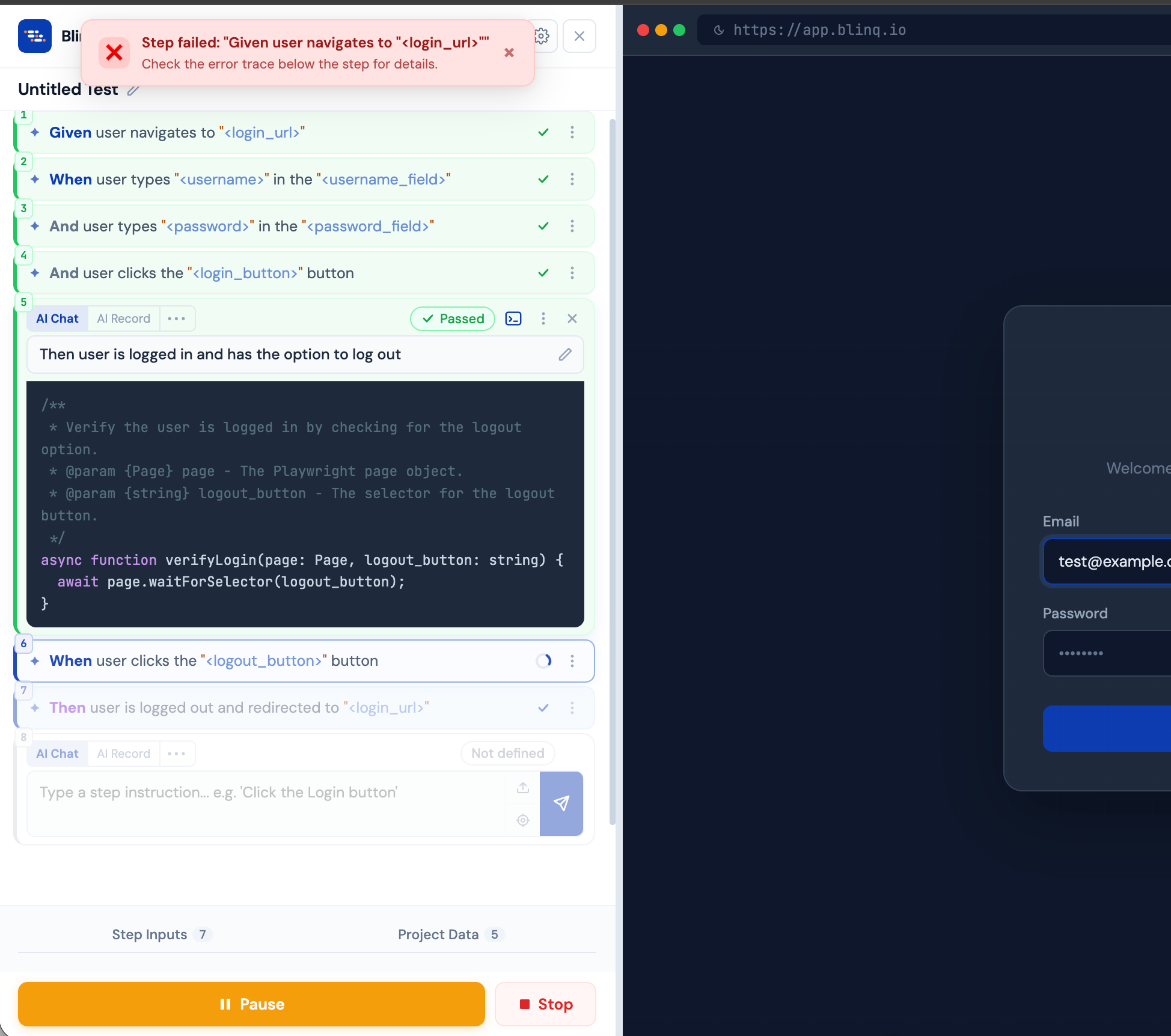 Pause, resume, and stop controls during test execution