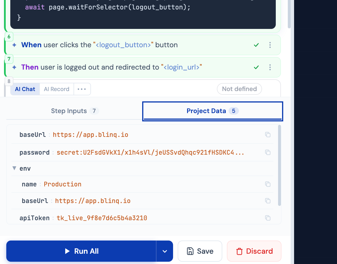 Project Data tab showing read-only JSON configuration values