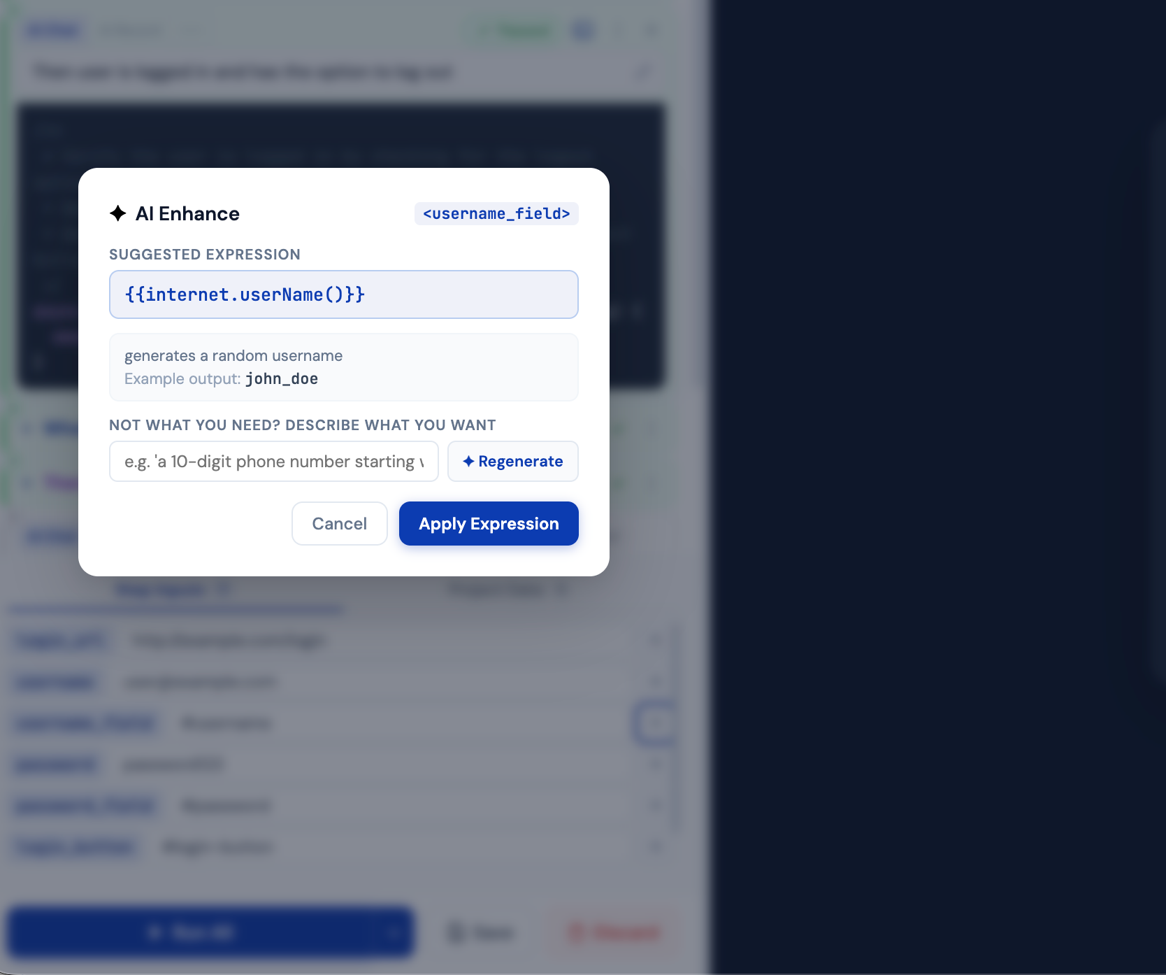AI Enhance modal for generating dynamic parameter expressions