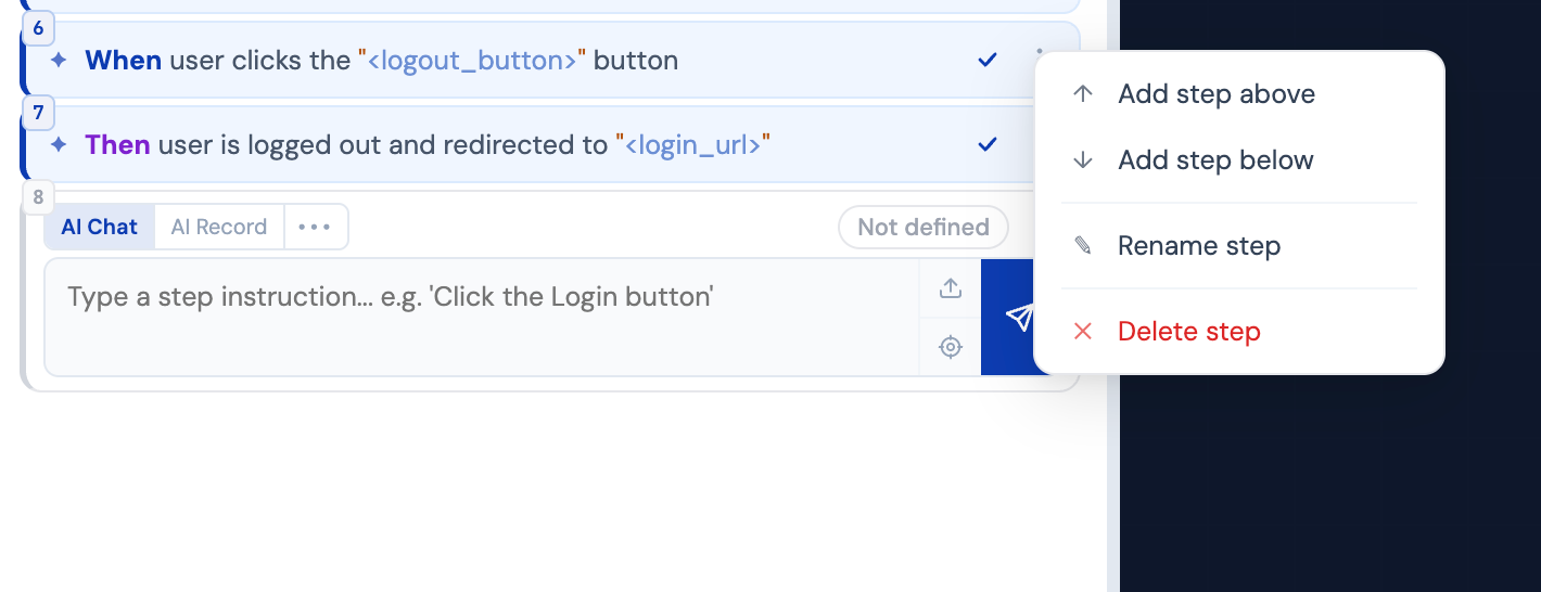 Step context menu with add, rename, and delete options