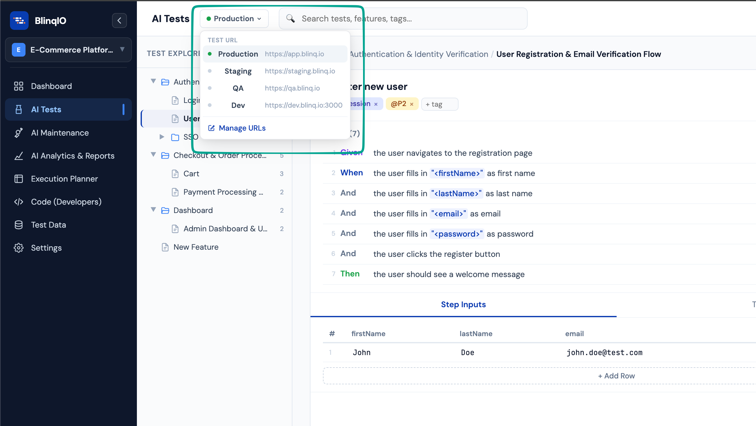 Environment selector showing current URL