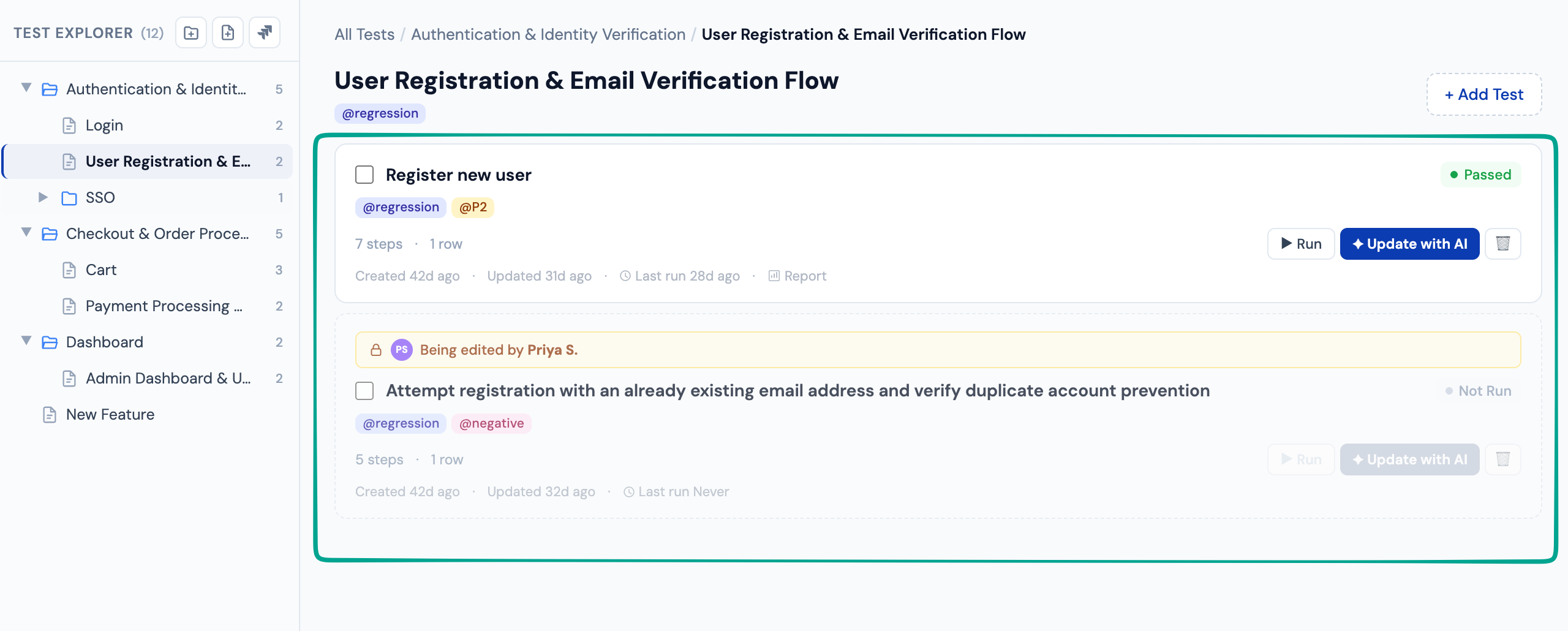 Test scenario card with steps