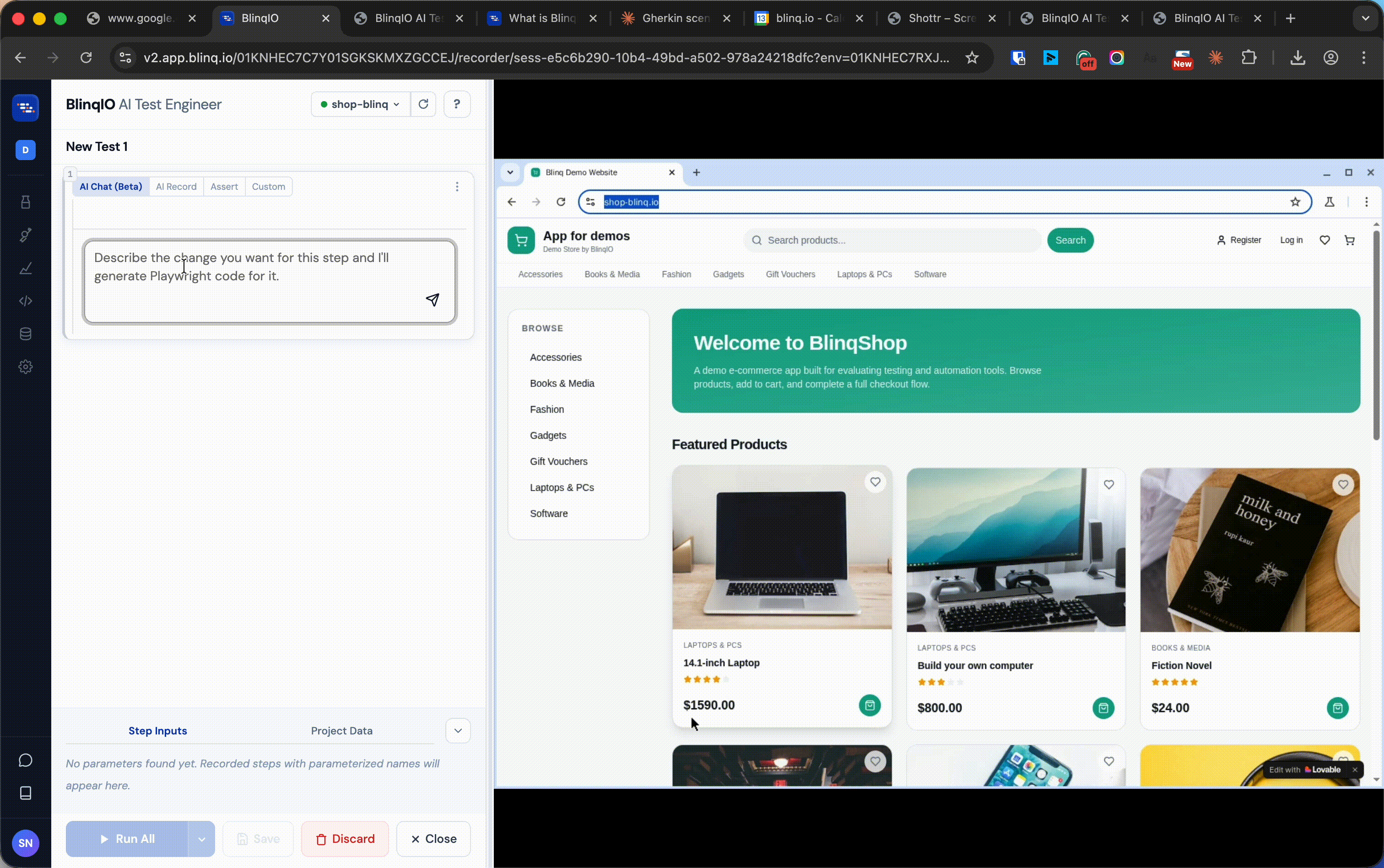 AI Chat generating a test step from natural language instruction