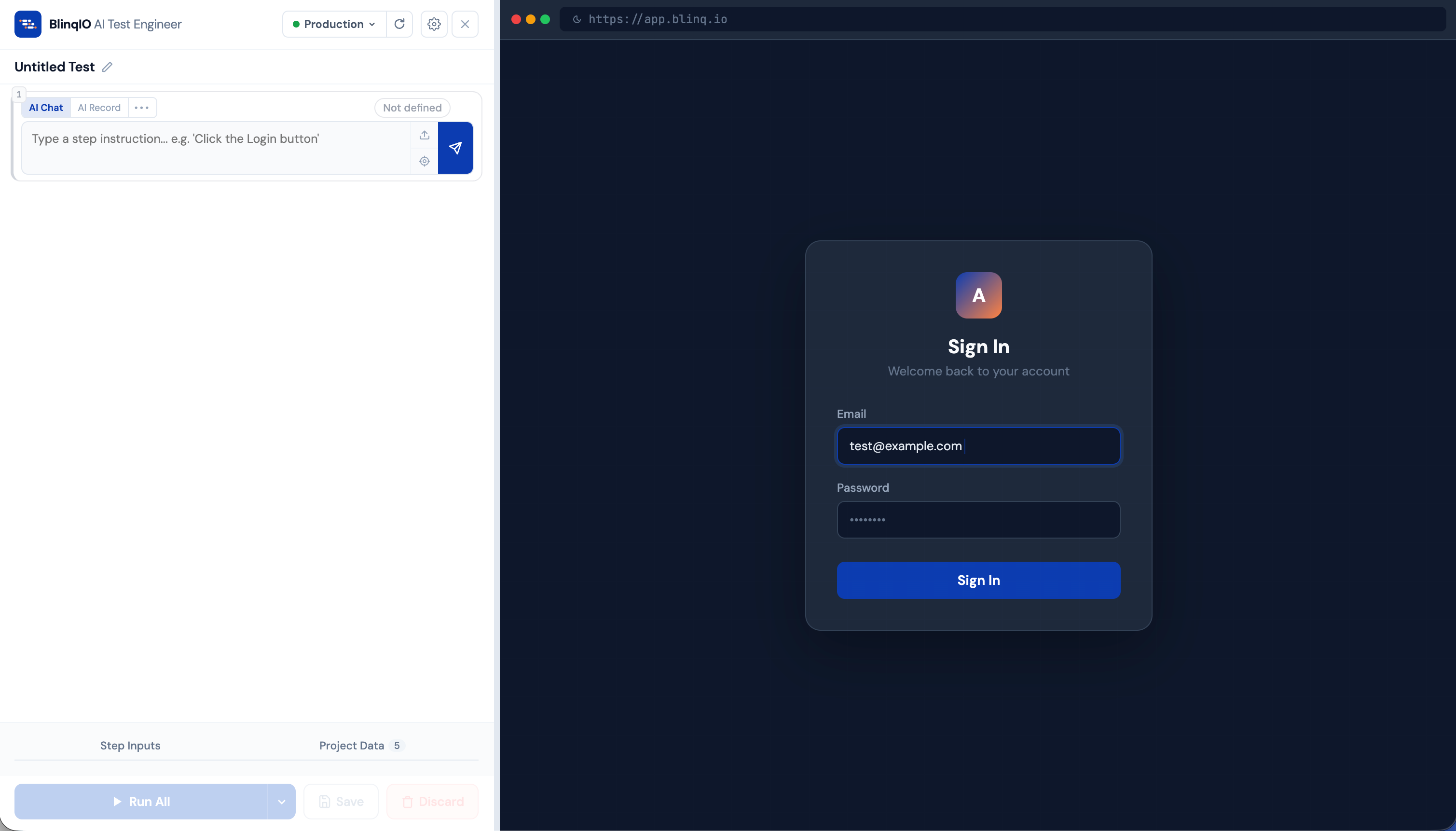 AI Test Engineer editor with empty step ready for authoring