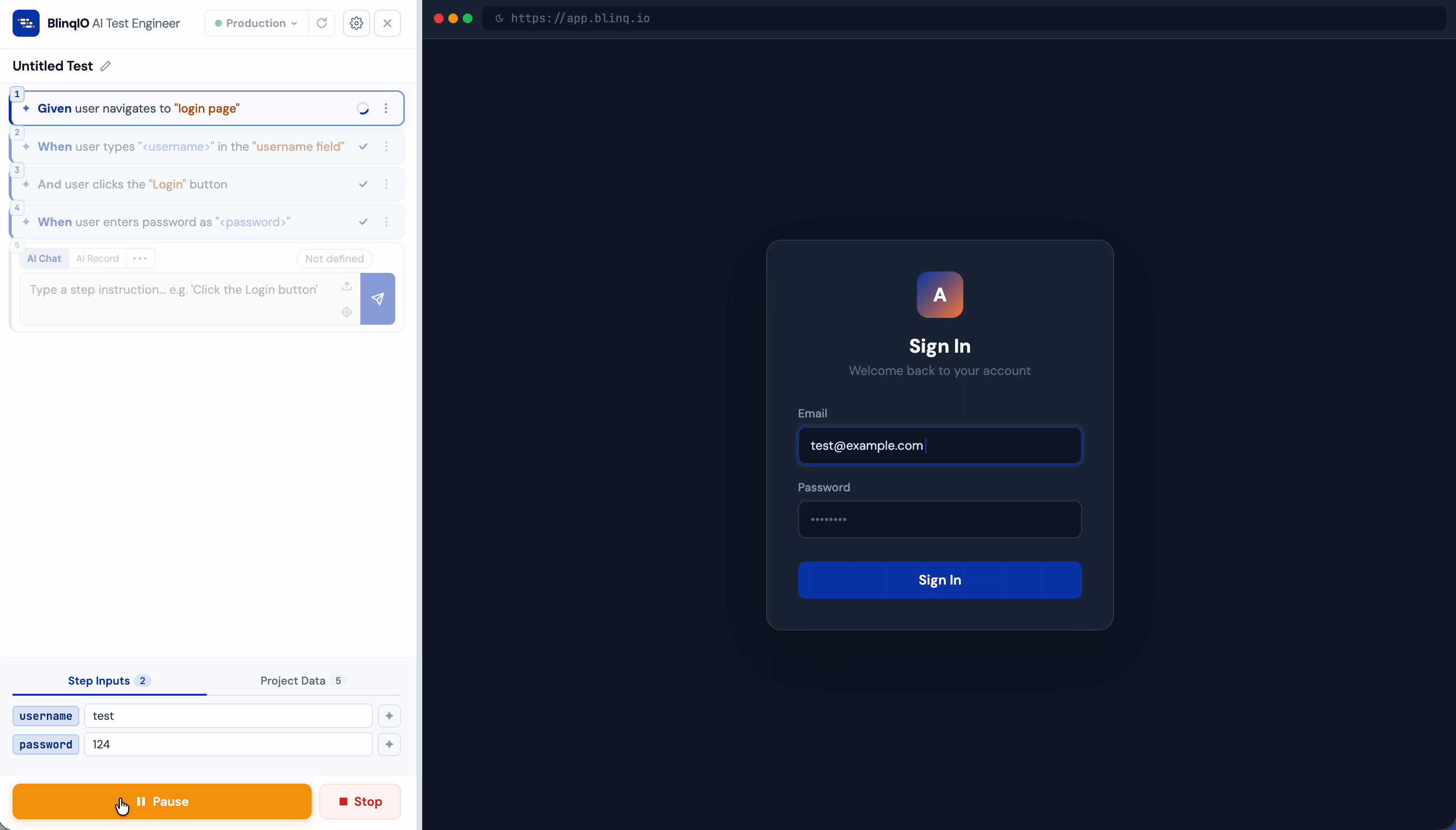 Running a test showing real-time pass and fail indicators
