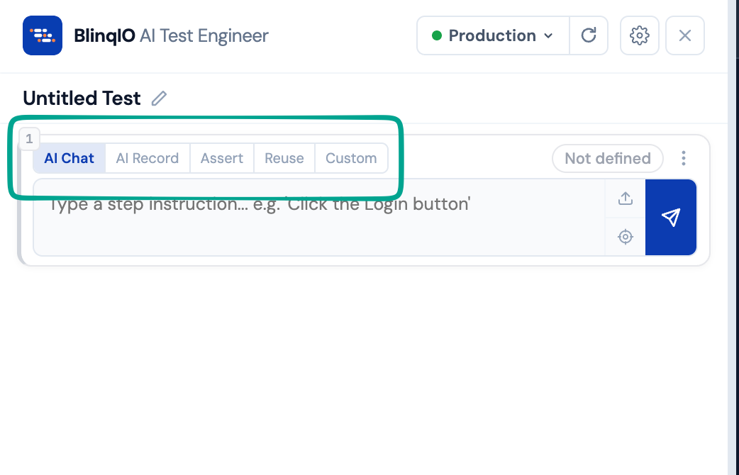 Five step mode options including AI Chat, Record, Assert, Reuse, and Custom