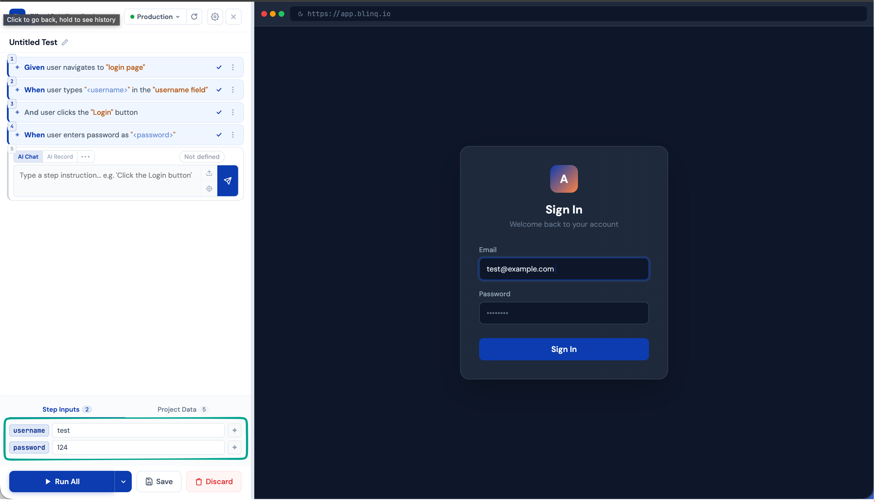 Test data panel showing extracted parameters as editable key-value pairs