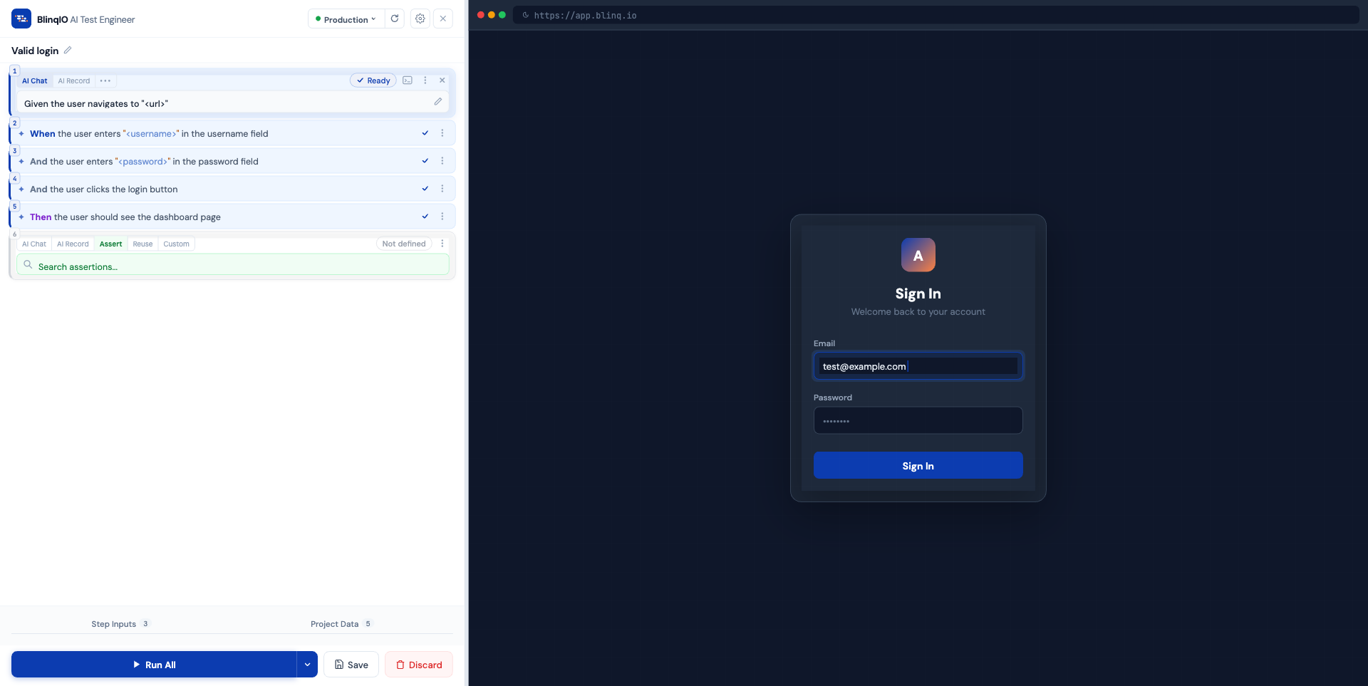 Step modes: AI Chat, AI Record, Assert, Reuse, Custom