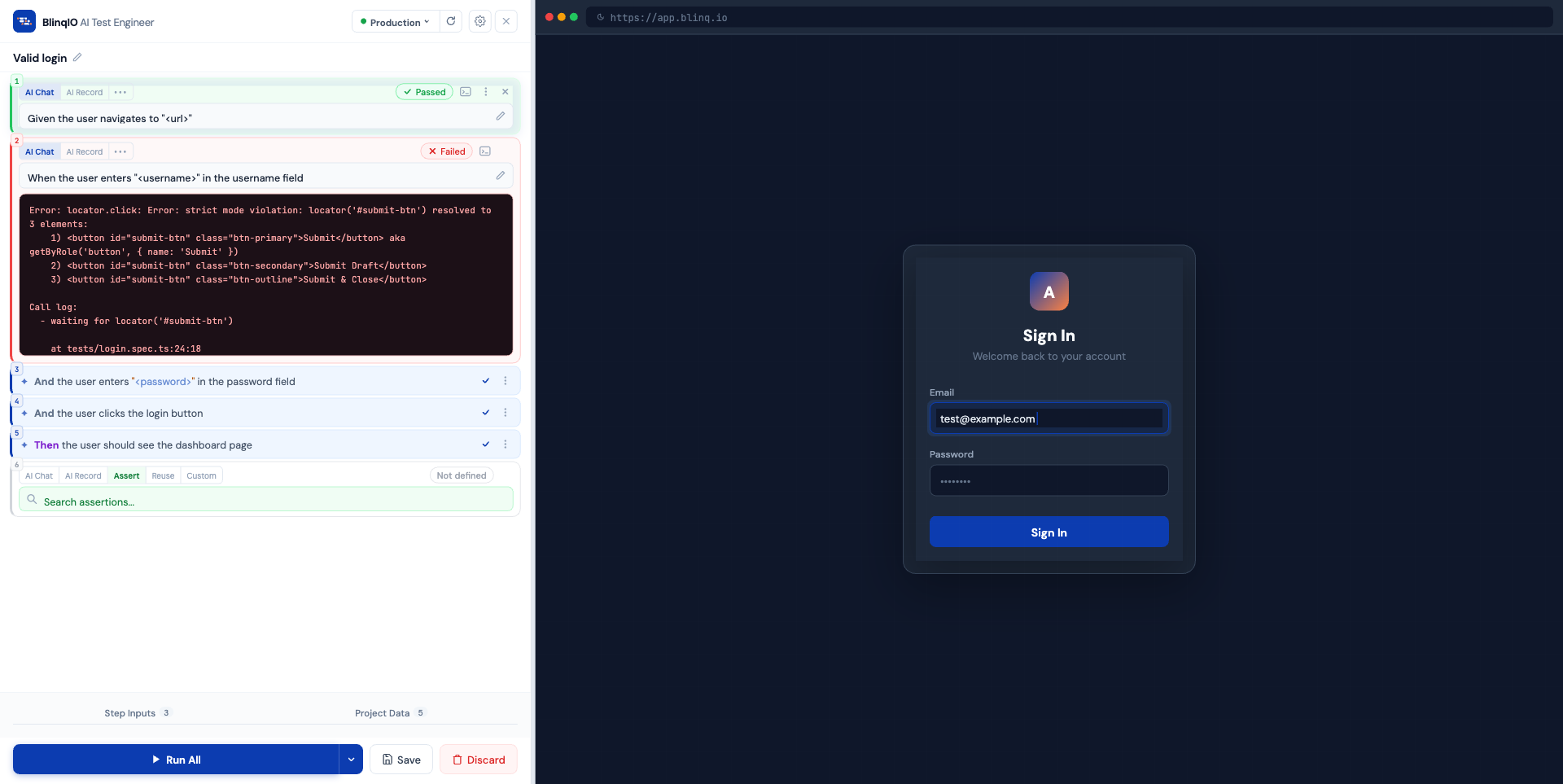Test execution showing passed and failed steps