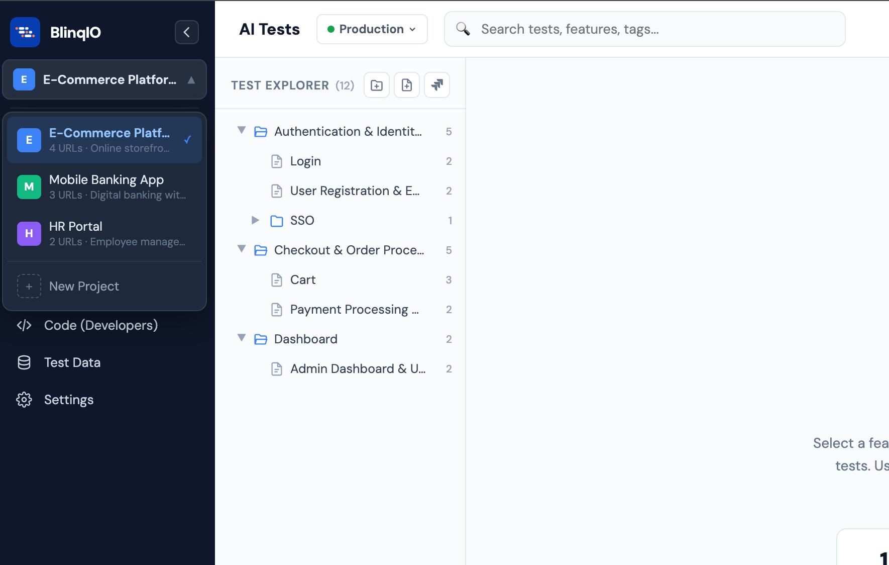 Project switcher dropdown showing available projects